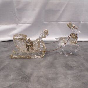 Vtg Acrylic Christmas Sleigh and Reindeer Detailed Clear With Gold Accents